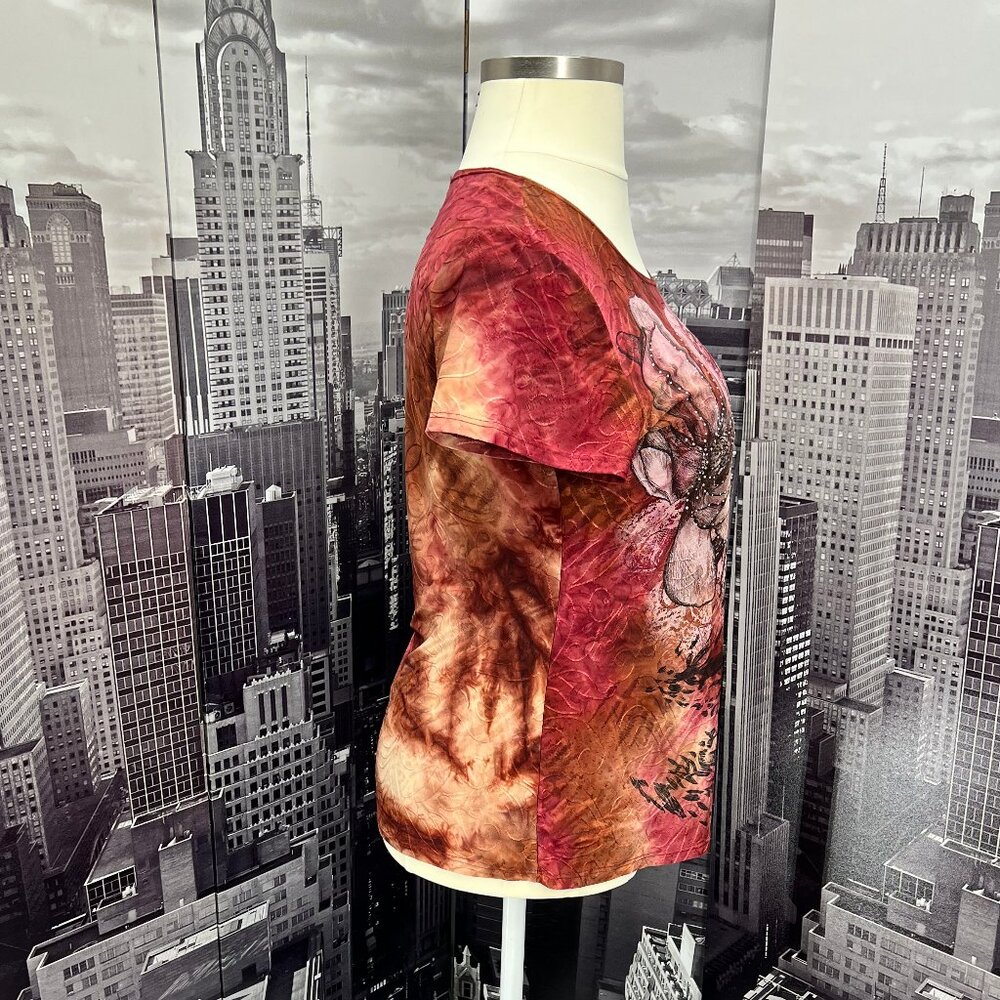 Dressbarn XL Vibrant Floral Embossed Tee | Sunset Red Orange Short Sleeve Top - Picture 2 of 11
